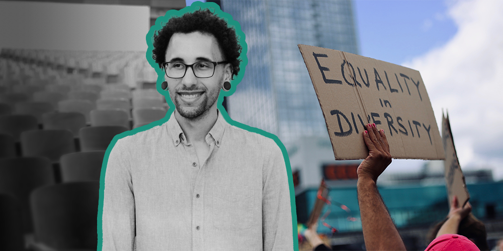 Brandon Render with a background of empty chairs and another image of sign. 